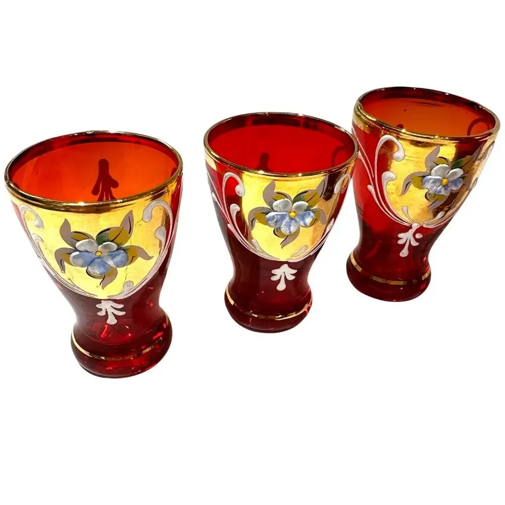 Bohemian Cranberry Glass Decanter Shot Glass Set Hand Painted Gold Floral Design
